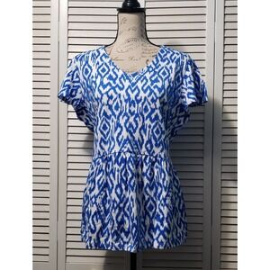 D & Co Printed Favorite Jersey Top Women's Large Semi Fitted Flutter Cap Sleeve